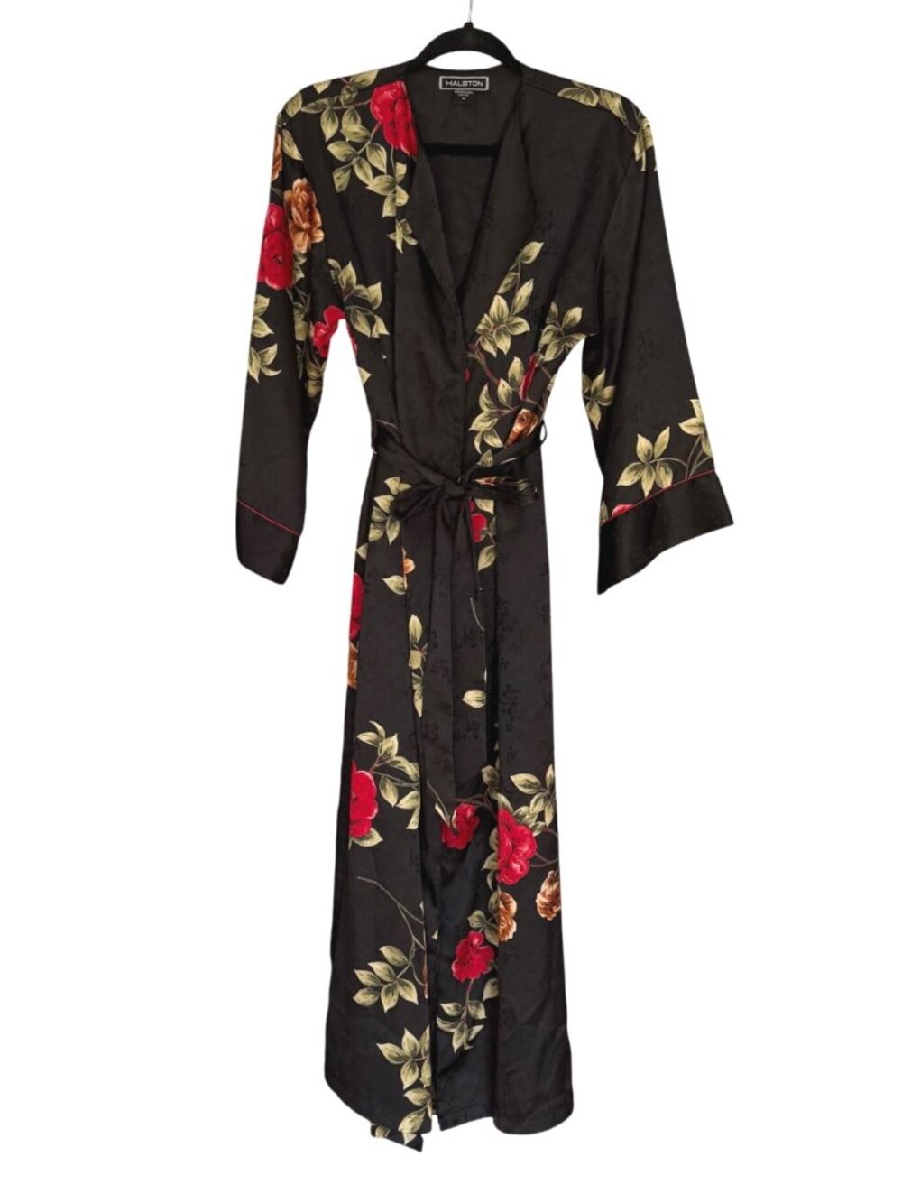 Halston Women's Kimono Robe M Black Red Floral Satin Belted Vintage Romantic